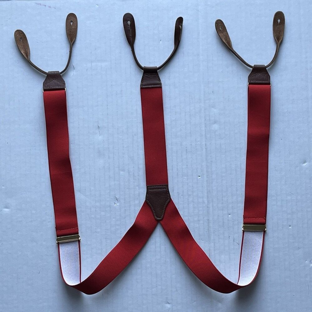 Mens MADE In ENGLAND Red Stretchy Button Suspenders w/ Leather Loops Y-Back